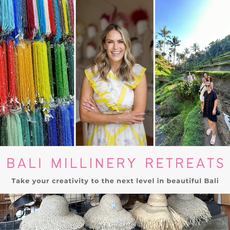 A promotional collage for Bali millinery retreats, featuring three vertical panels: colorful beaded tassels on the left, a smiling woman in a white and yellow dress in the center, and people walking along a lush tropical path on the right. A wide white band across the bottom reads 'BALI MILLINERY RETREATS' with the subtitle 'Take your creativity to the next level in beautiful Bali,' and several woven straw hats are displayed at the bottom.