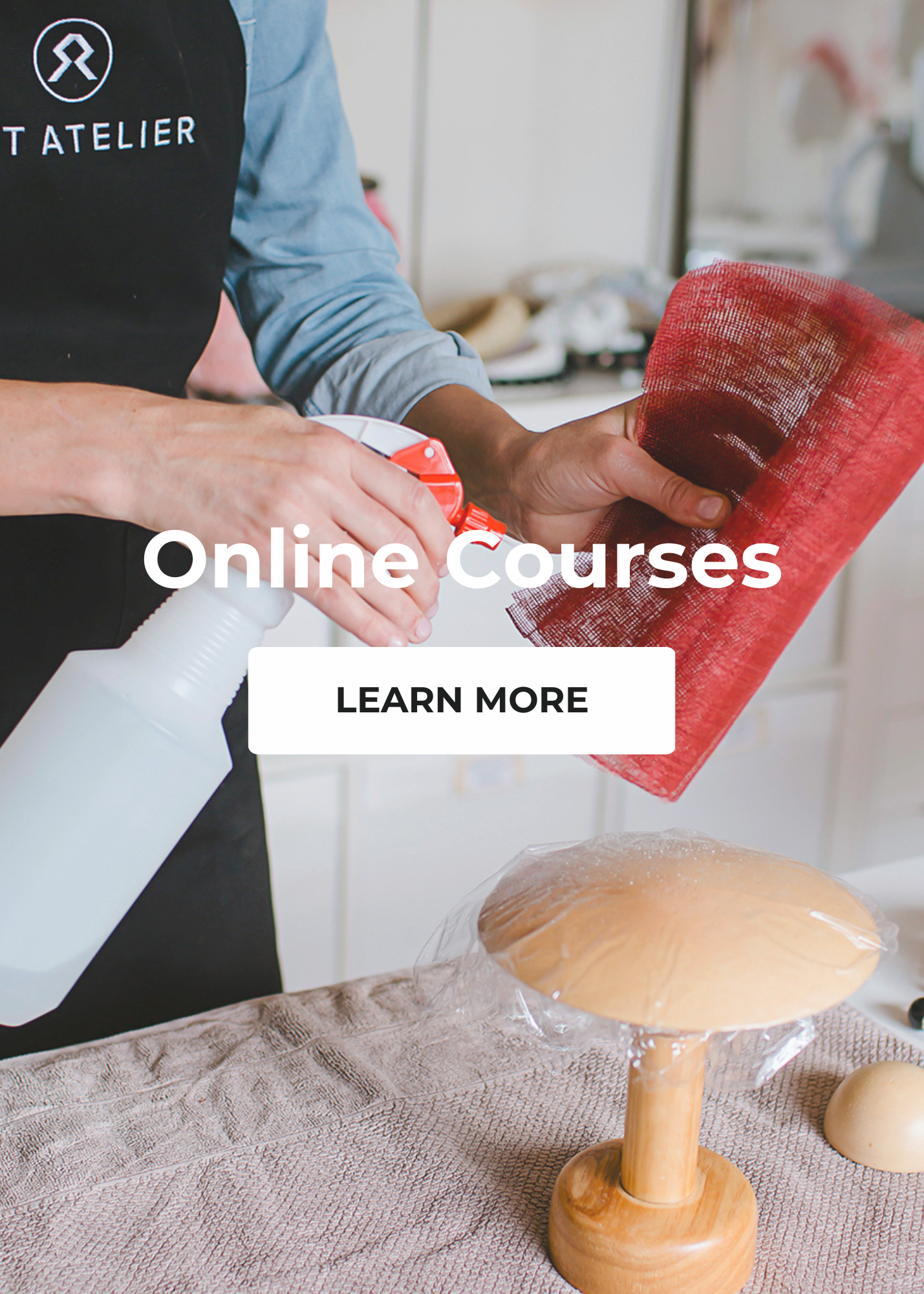Person working with red material and a wooden hat block, with 'Online Courses' and 'Learn More' text overlay.