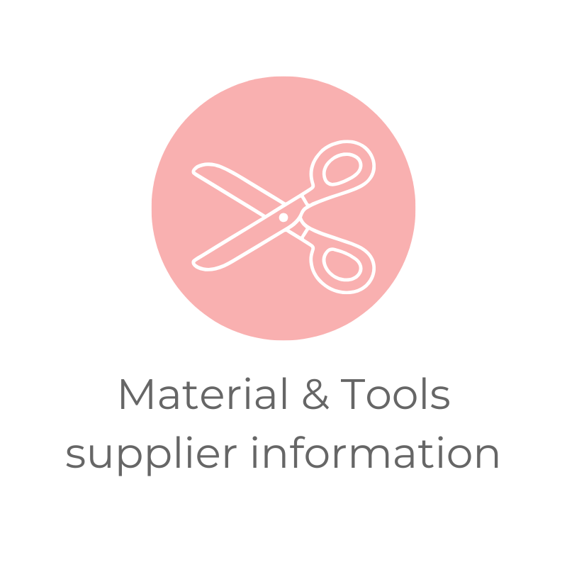 Icon of scissors on a pink circle with text 'Material & Tools supplier information' on a white background